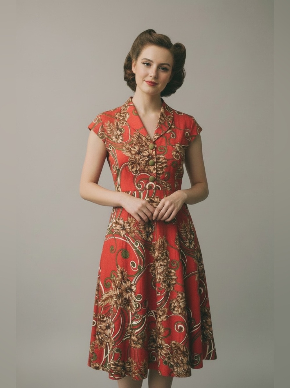 Loco Lindo
Coral Pink Tropical 1940s Style
Vintage Day Dress Sz XS
